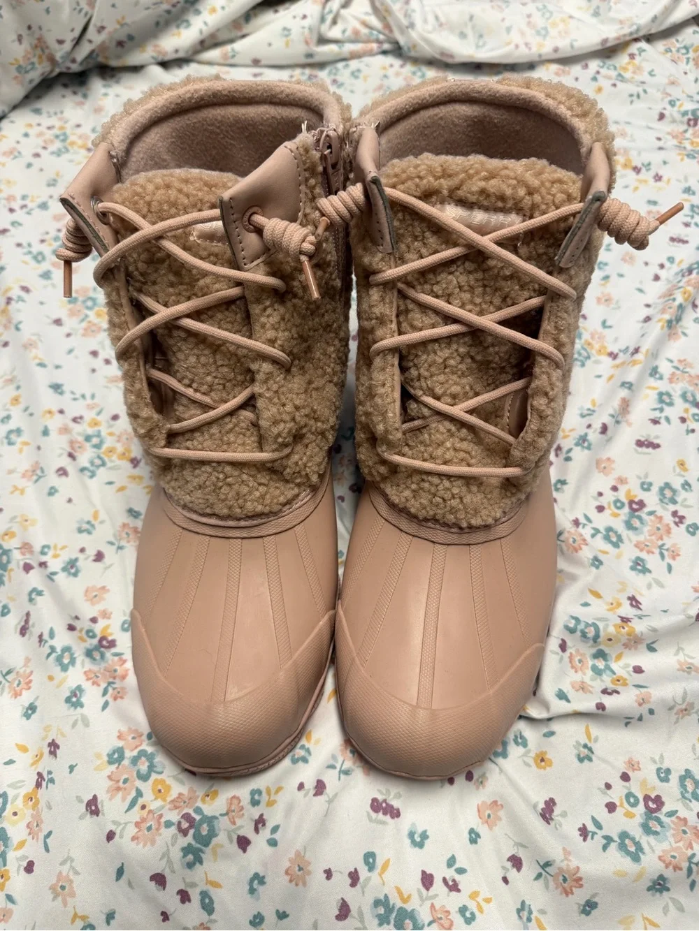 Women’s Sperry Pink-Tan Rain & Snow Boots, Size 10